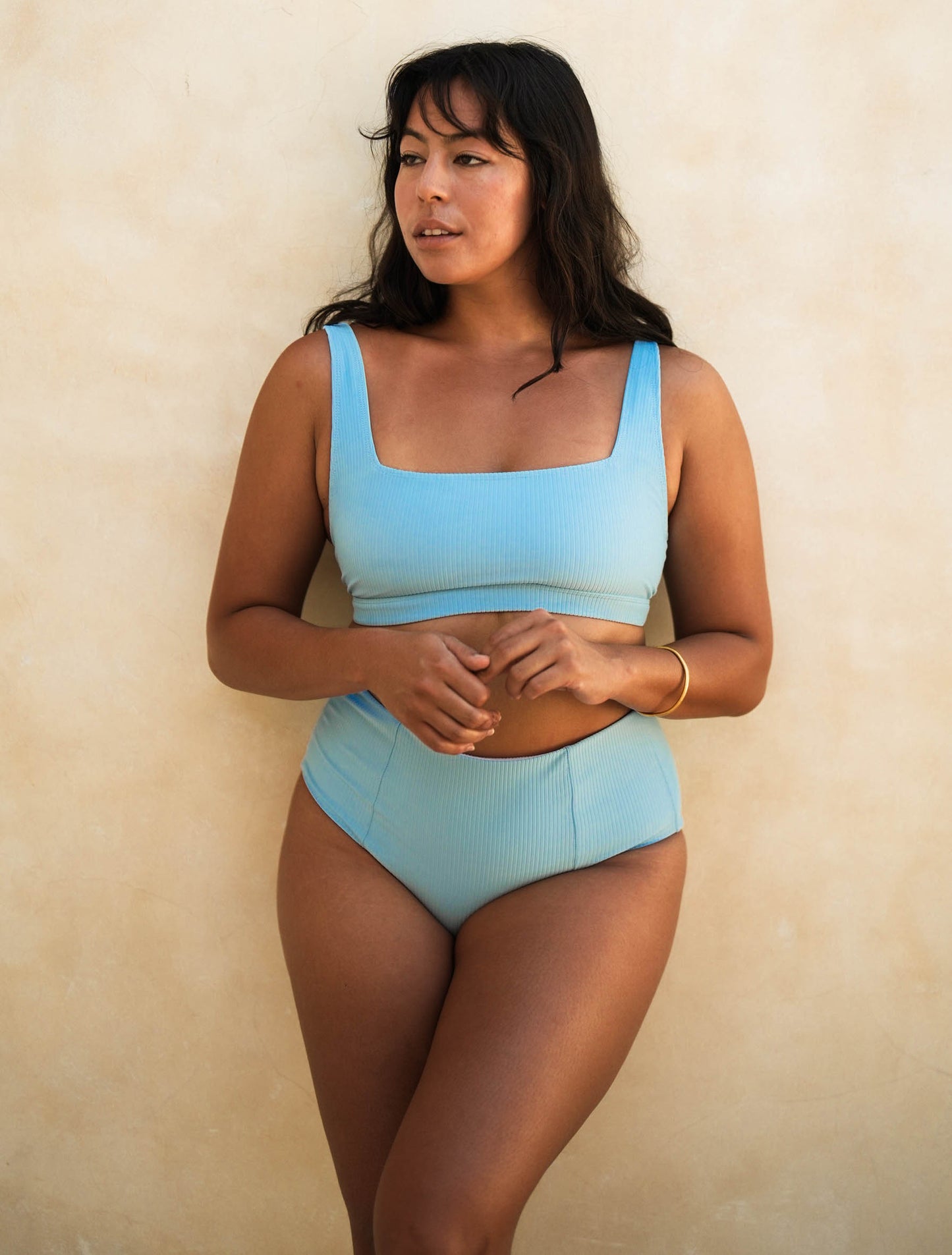 Surf Crop + High-waisted Bikini Set - Blue Textured