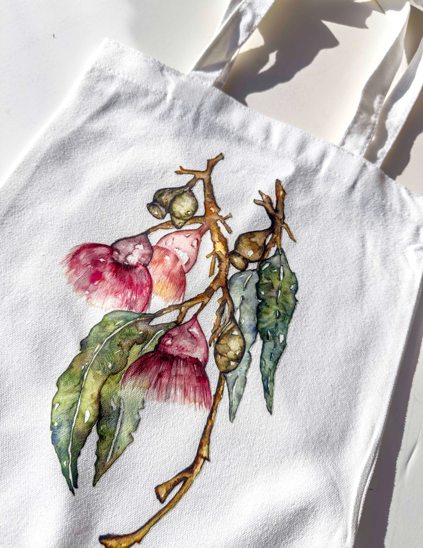 Bottle Brush Australian Flower Handmade White Canvas Tote Bag – Art You Can Carry – in situ