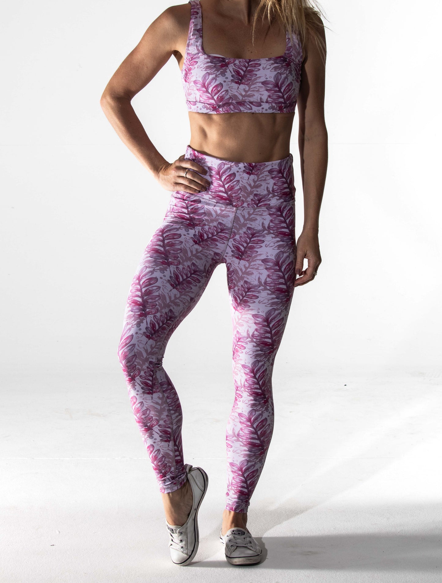 Pink Leaf Set - Long Leggings + Crop Top