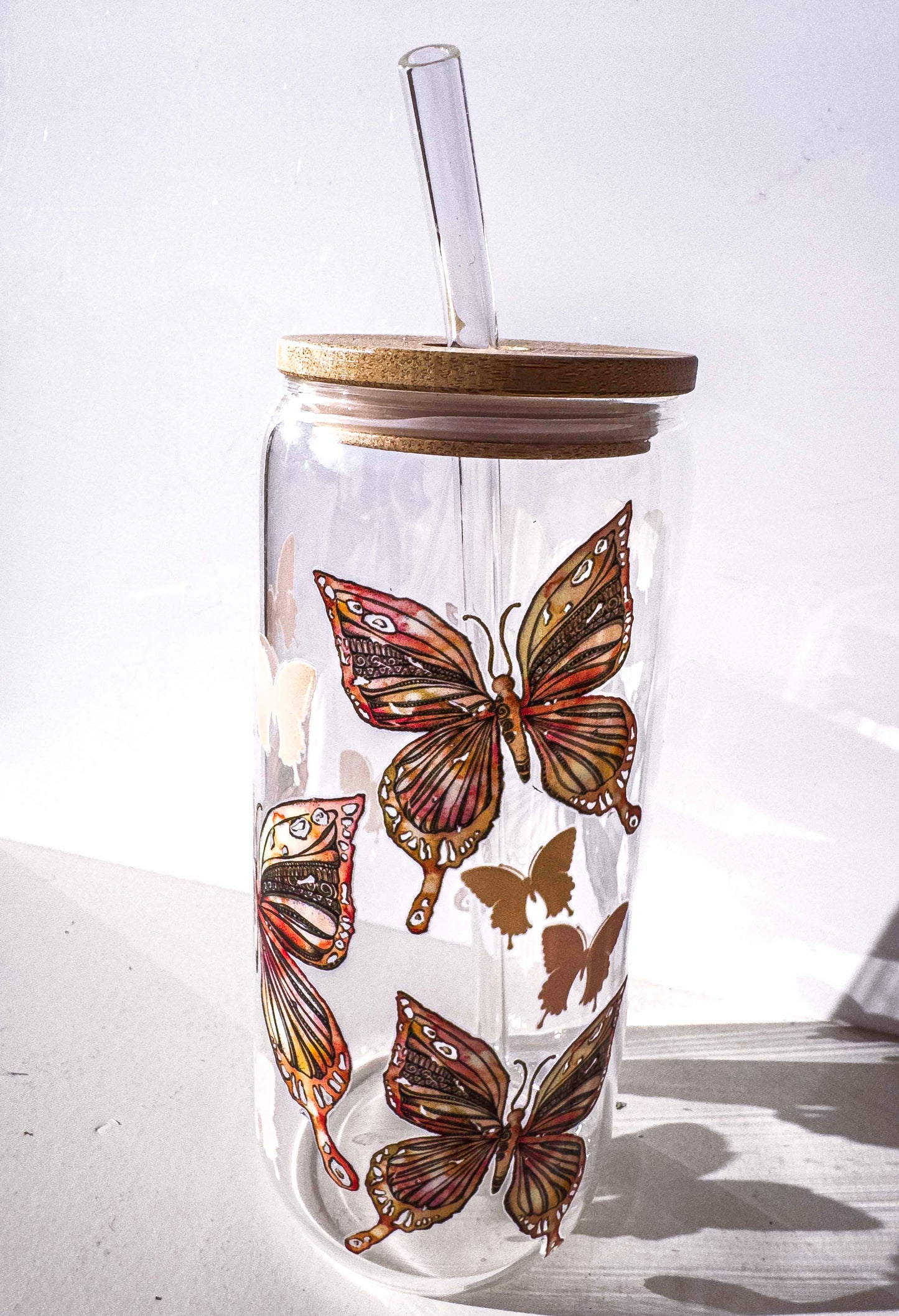 Butterfly Glass Tumblers Drinking Cup with Lid - Hand Drawn Illustraion UV DTF Stickers – full view