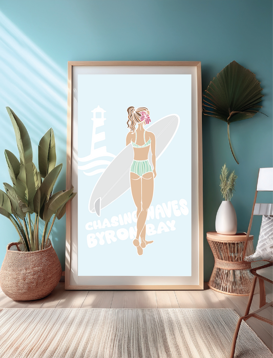 Chasing Waves Byron Bay – Hand-Drawn Art Illustration Print