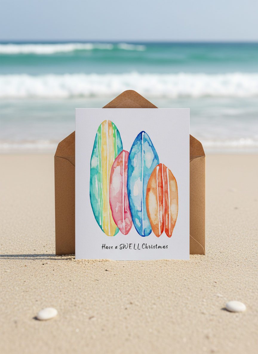Aussie Surfboard Christmas Card – “Have a Swell Christmas” Watercolour Art Greeting Card
