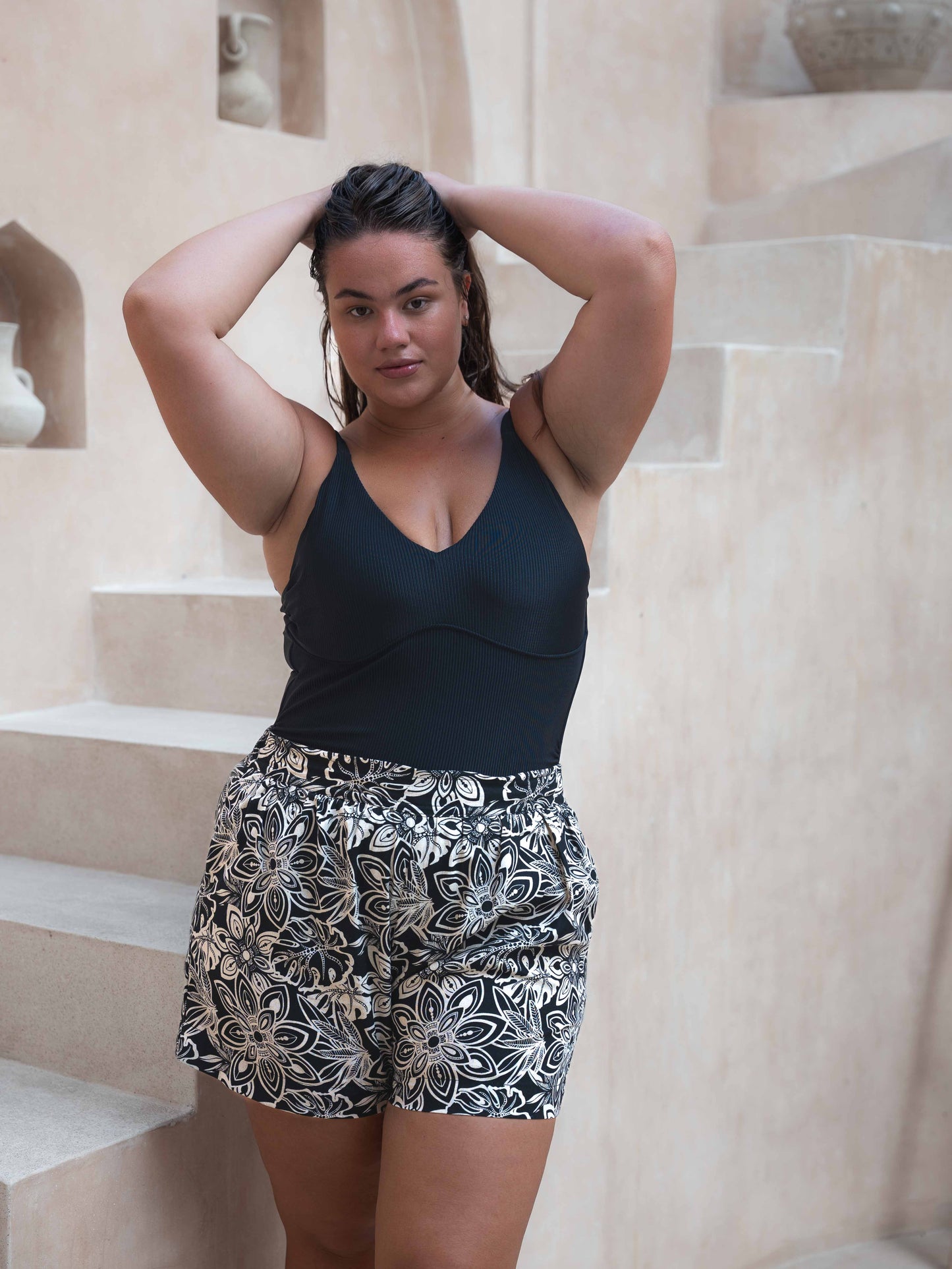 Linen Shorts - High Waisted Relaxed Pocket Shorts - Black with Beige Mandala Pattern