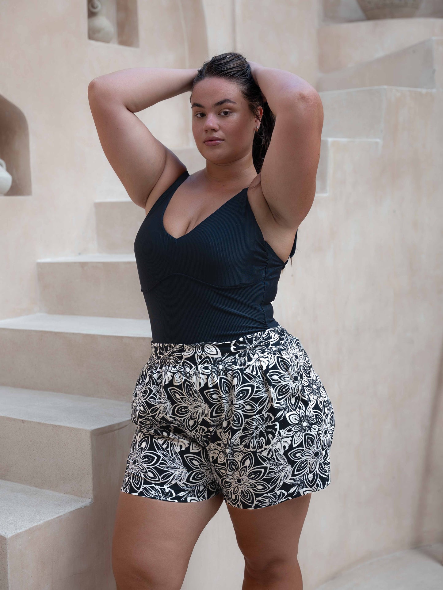 Linen Shorts - High Waisted Relaxed Pocket Shorts - Black with Beige Mandala Pattern