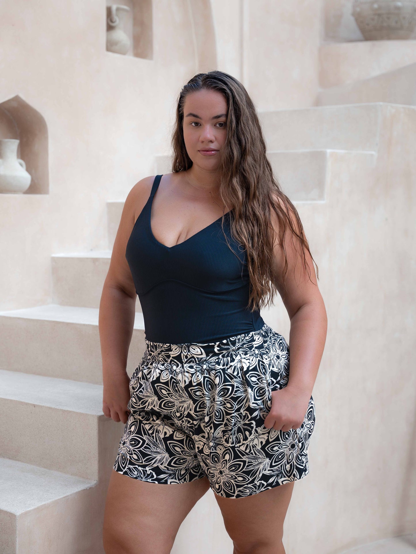 Linen Shorts - High Waisted Relaxed Pocket Shorts - Black with Beige Mandala Pattern