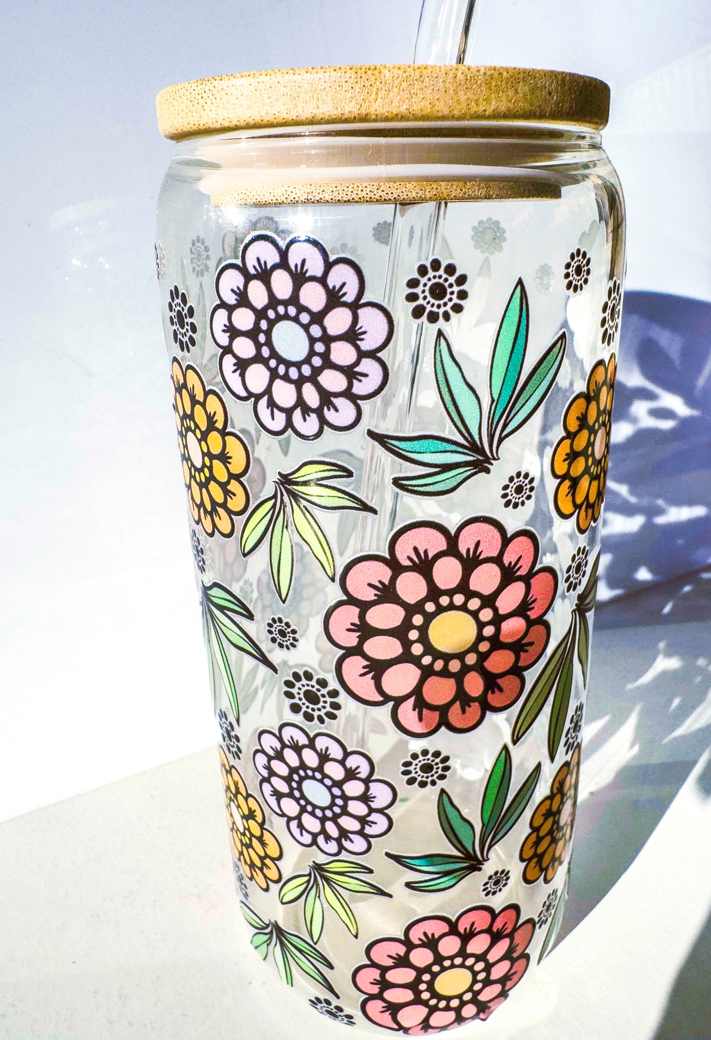 Flower Glass Tumblers Drinking Cup with Lid - Hand Drawn Illustraion UV DTF Stickers – detail