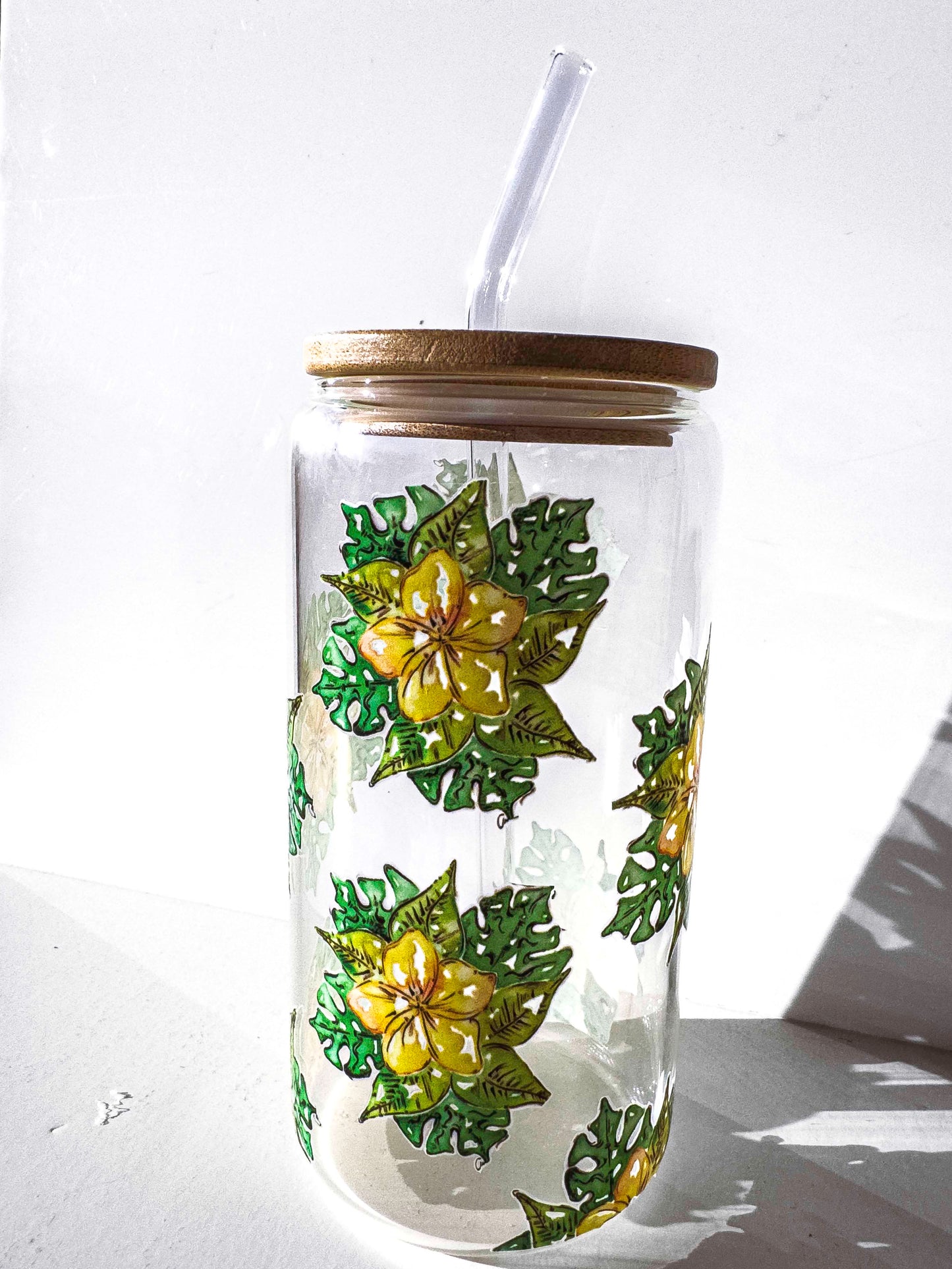 Franjipani Glass Tumblers Drinking Cup with Lid - Hand Drawn Illustraion UV DTF Sticker – in situ