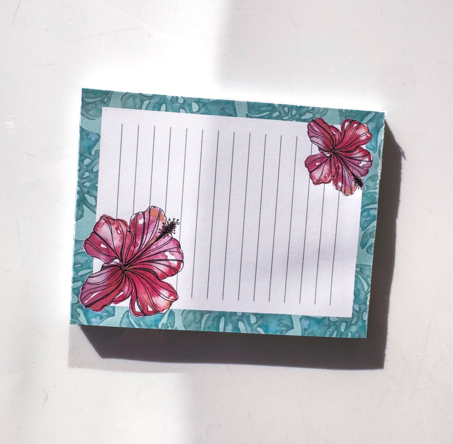 Hibiscus Flower Monstera Note Pad – Watercolour Tropical Flora Art Illustration – full view