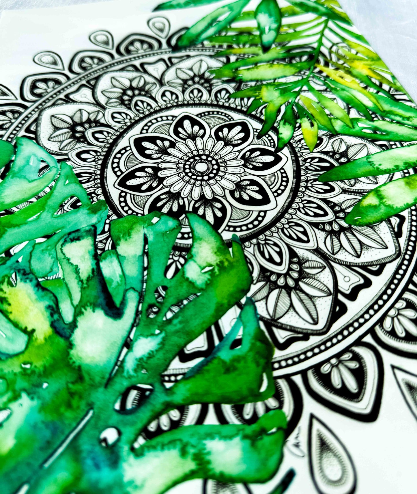 Mandala Art Print – Black and White Mandala with Monsterra Botanical Watercolour