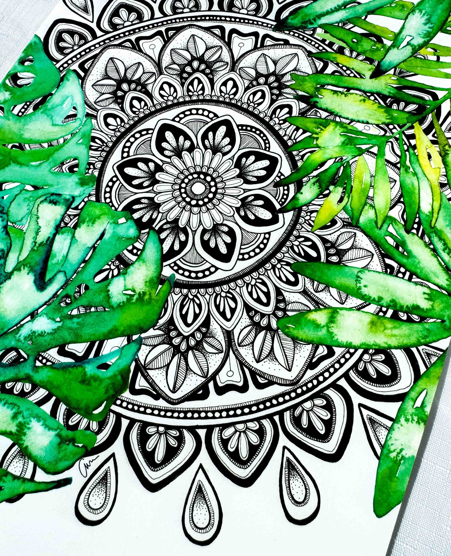 Mandala Art Print – Black and White Mandala with Monsterra Botanical Watercolour