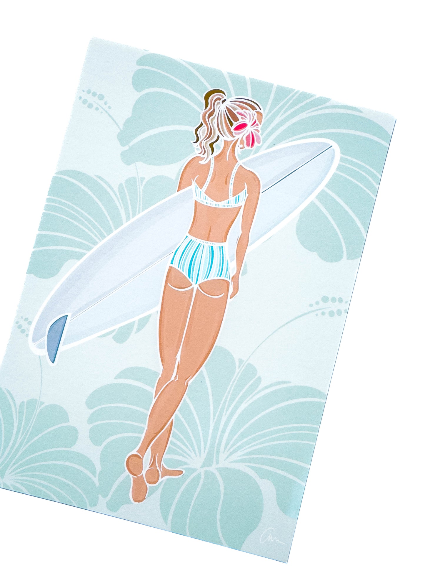 Hibiscus Surfer Girl – Hand-Drawn Art Illustration Print