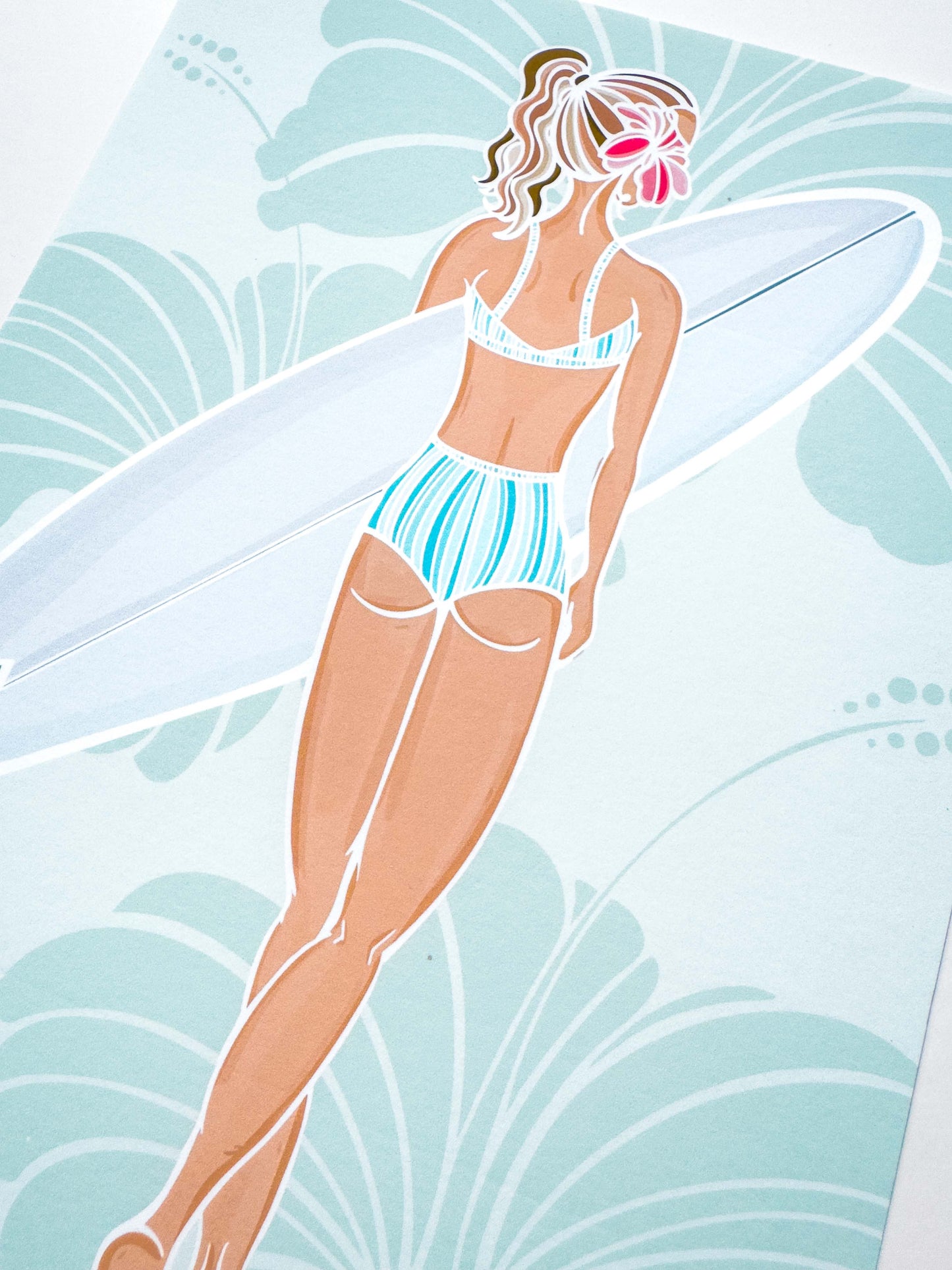 Hibiscus Surfer Girl – Hand-Drawn Art Illustration Print