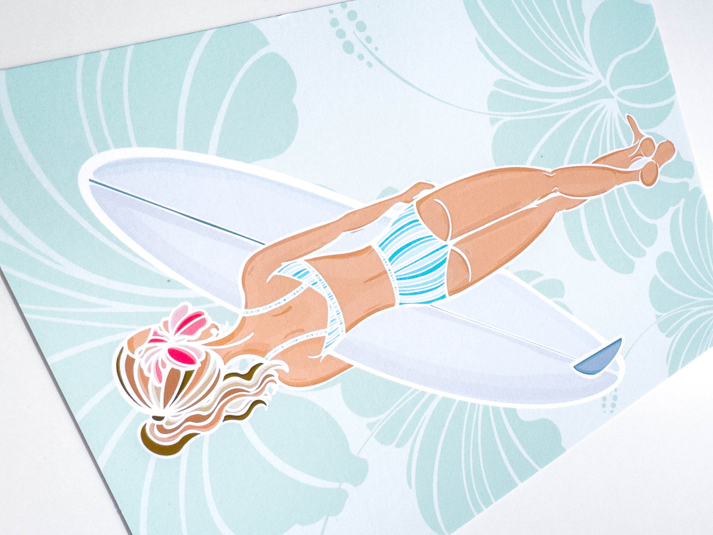Hibiscus Surfer Girl – Hand-Drawn Art Illustration Print