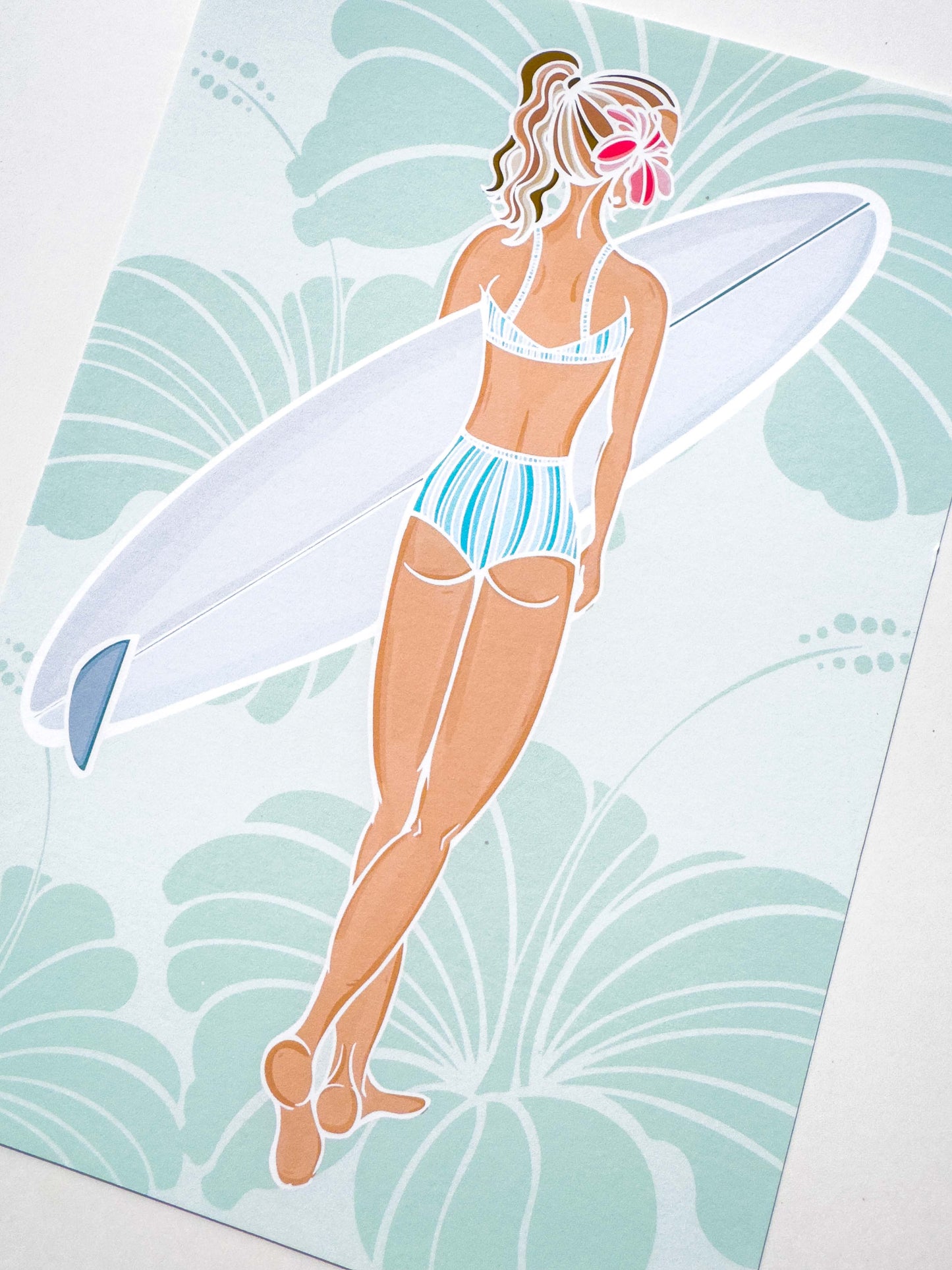 Hibiscus Surfer Girl – Hand-Drawn Art Illustration Print