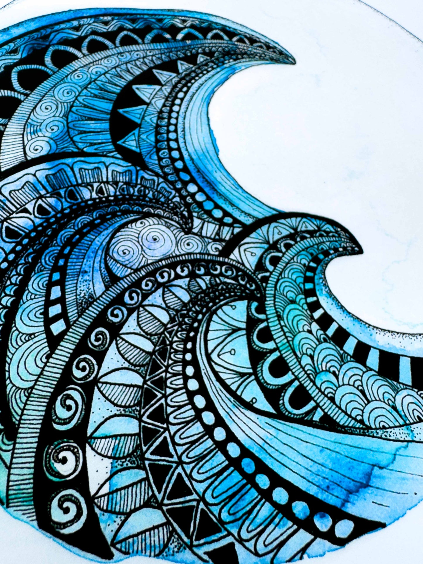 Mandala Wave Art Print – Hand-Painted surf Watercolour & Geometric Ink Illustration