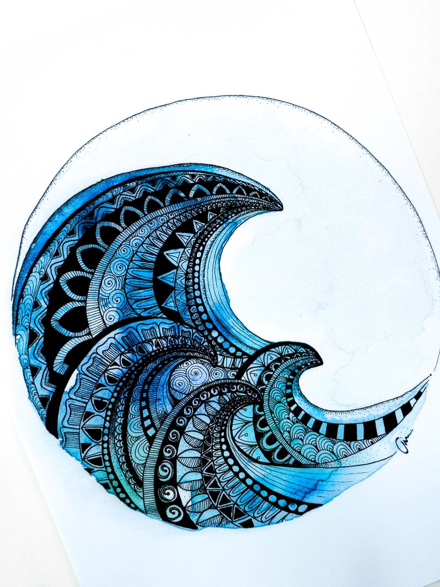 Mandala Wave Art Print – Hand-Painted surf Watercolour & Geometric Ink Illustration