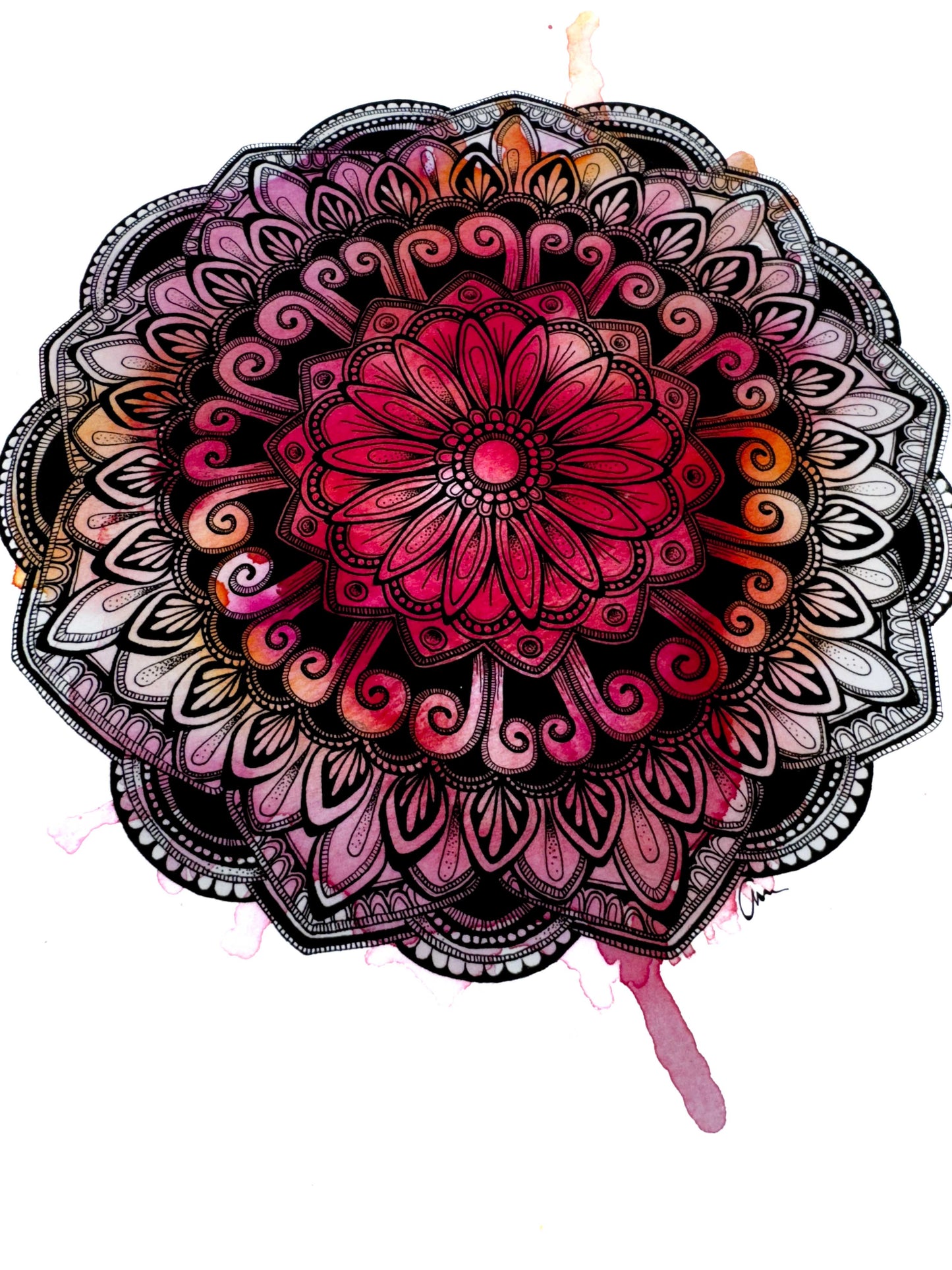 Mandala Art Print – Ink Drawing with Pink Watercolour Background
