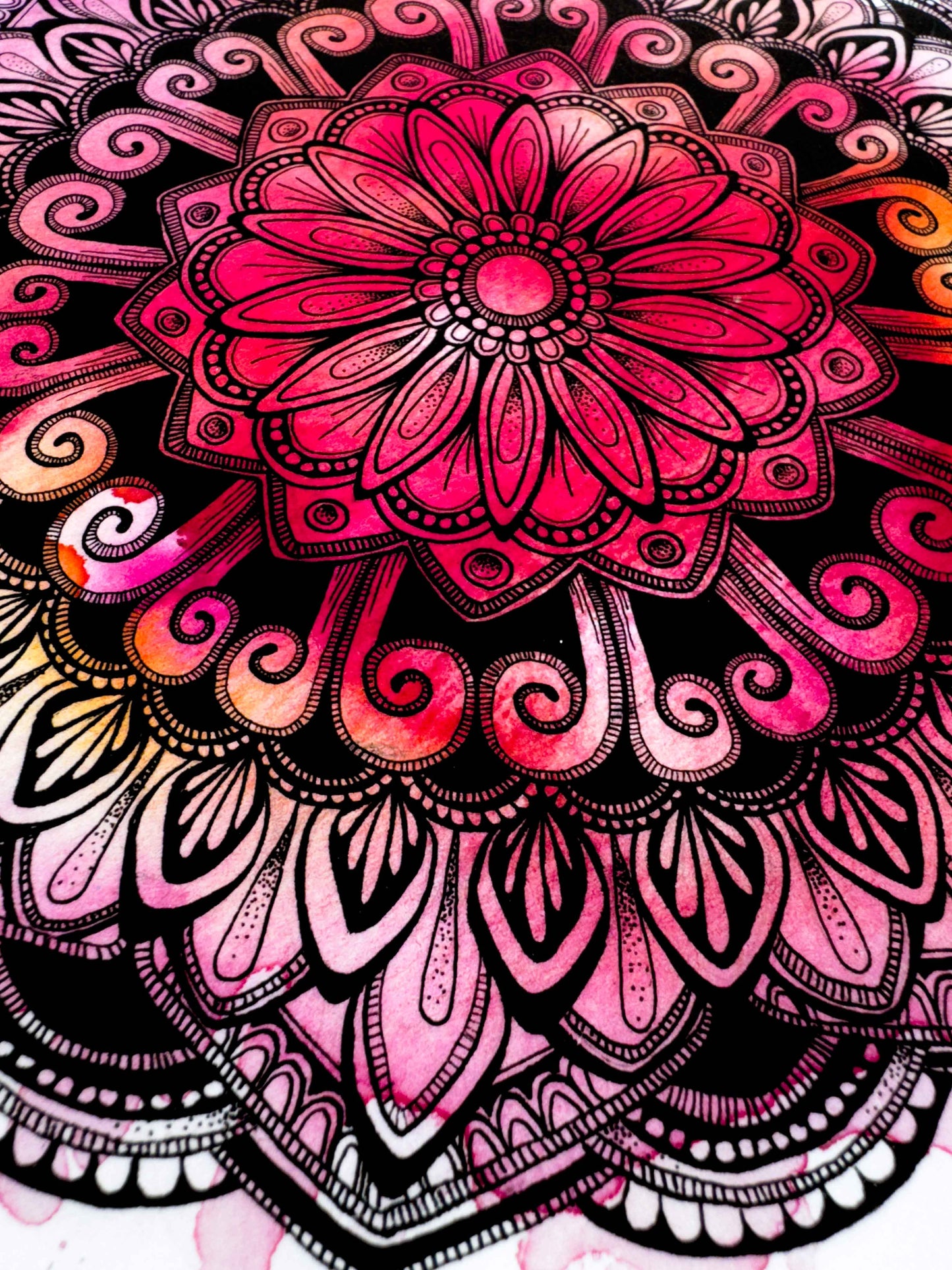 Mandala Art Print – Ink Drawing with Pink Watercolour Background