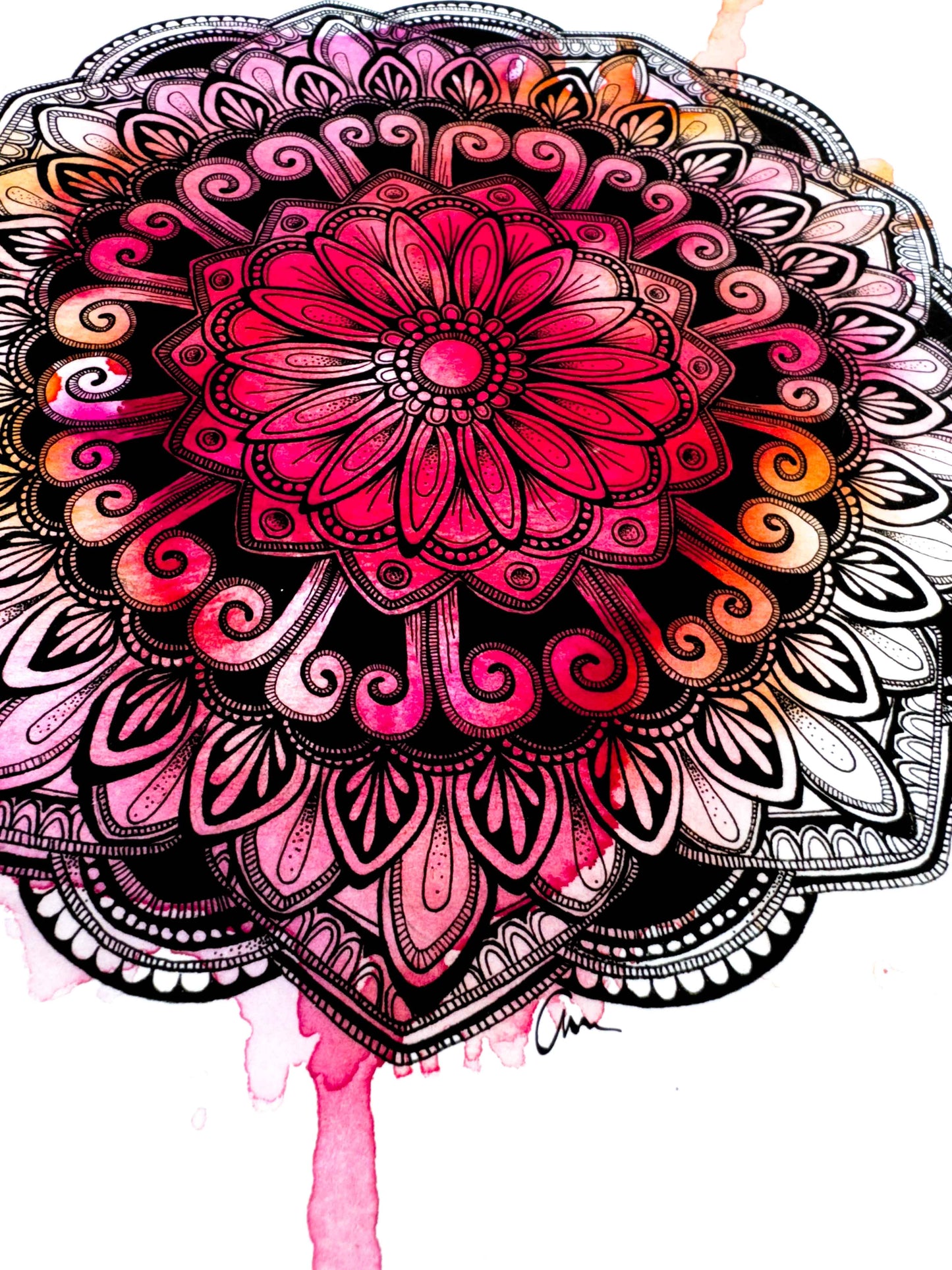 Mandala Art Print – Ink Drawing with Pink Watercolour Background