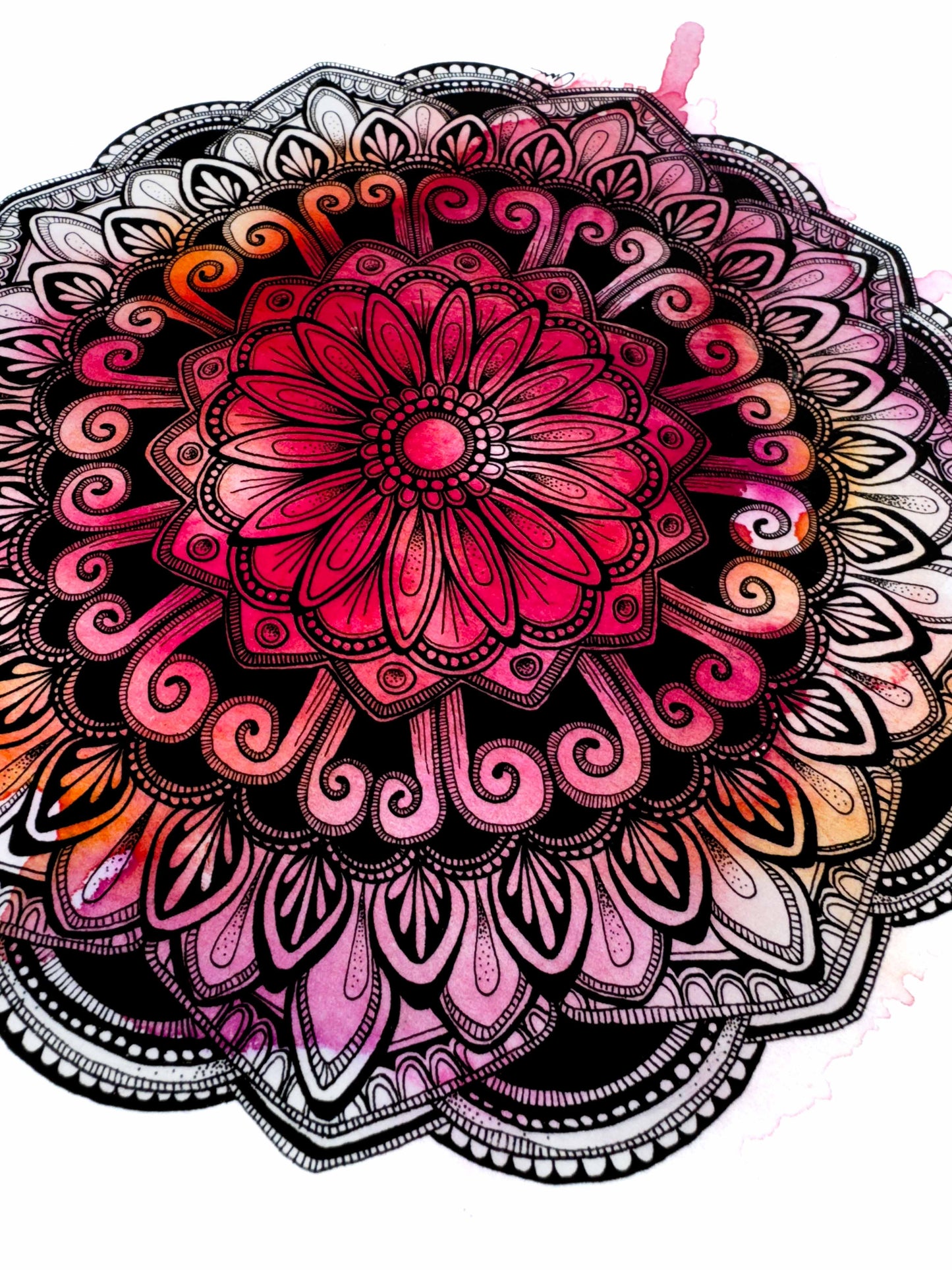 Mandala Art Print – Ink Drawing with Pink Watercolour Background