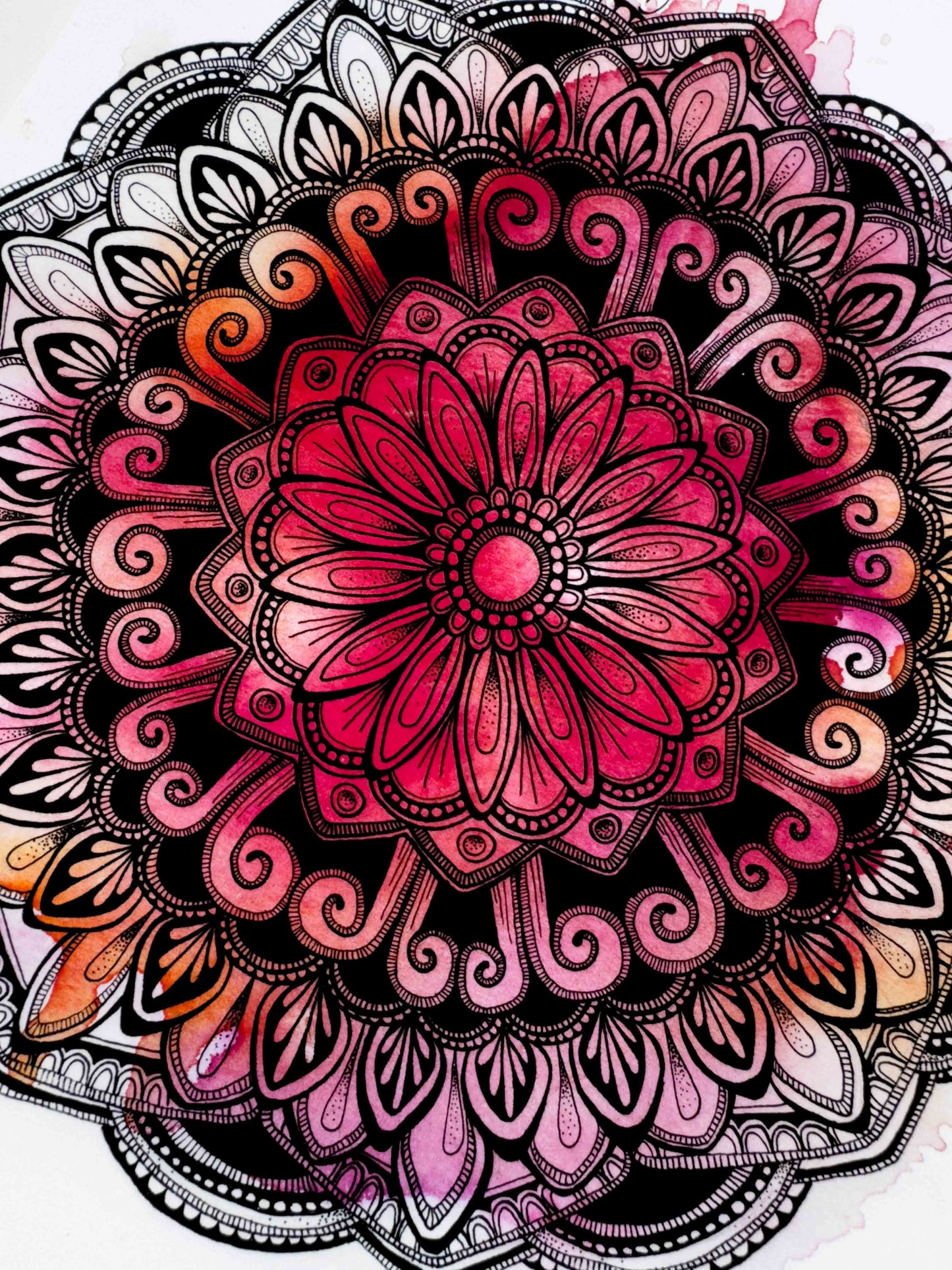Mandala Art Print – Ink Drawing with Pink Watercolour Background