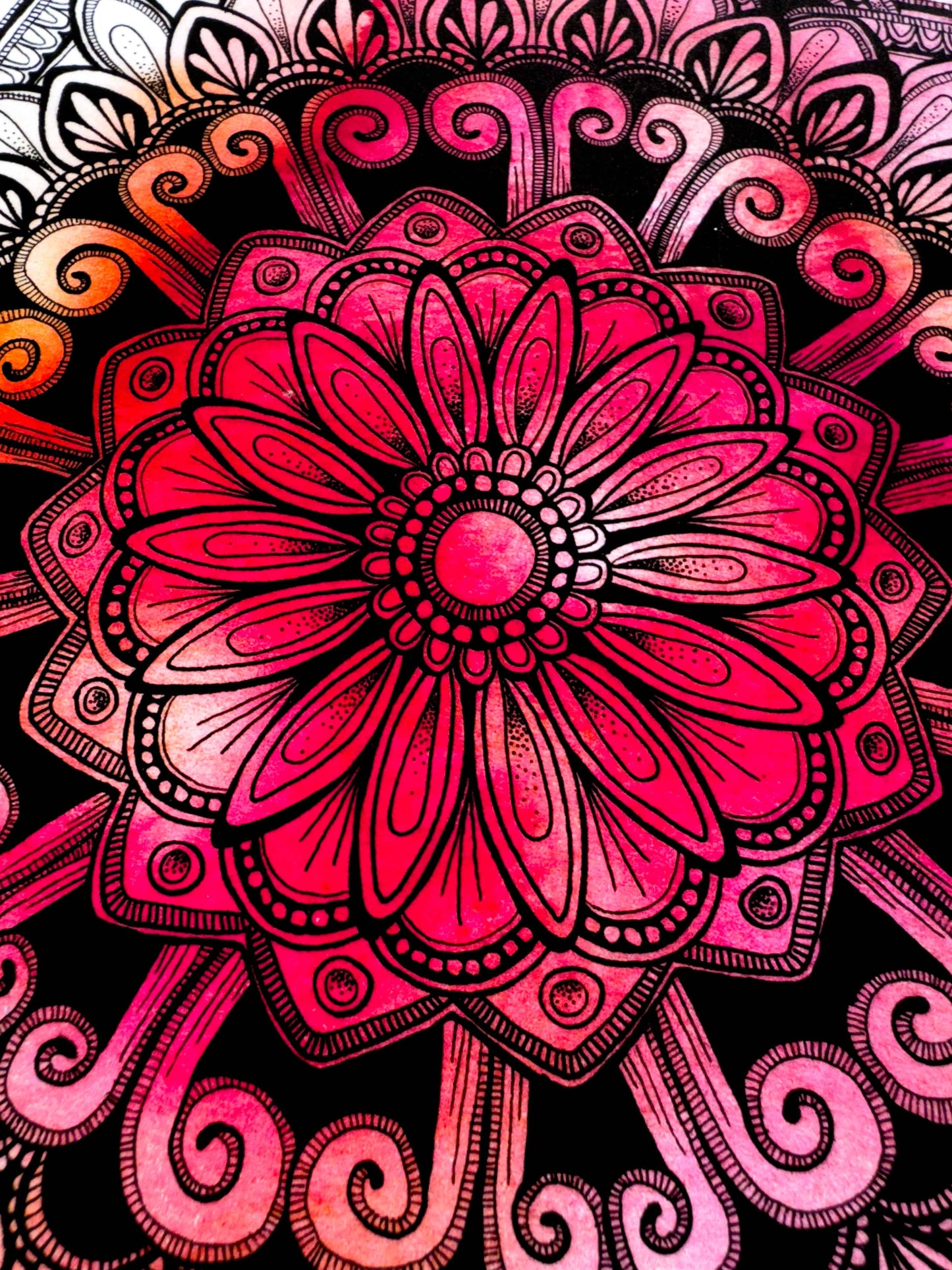 Mandala Art Print – Ink Drawing with Pink Watercolour Background