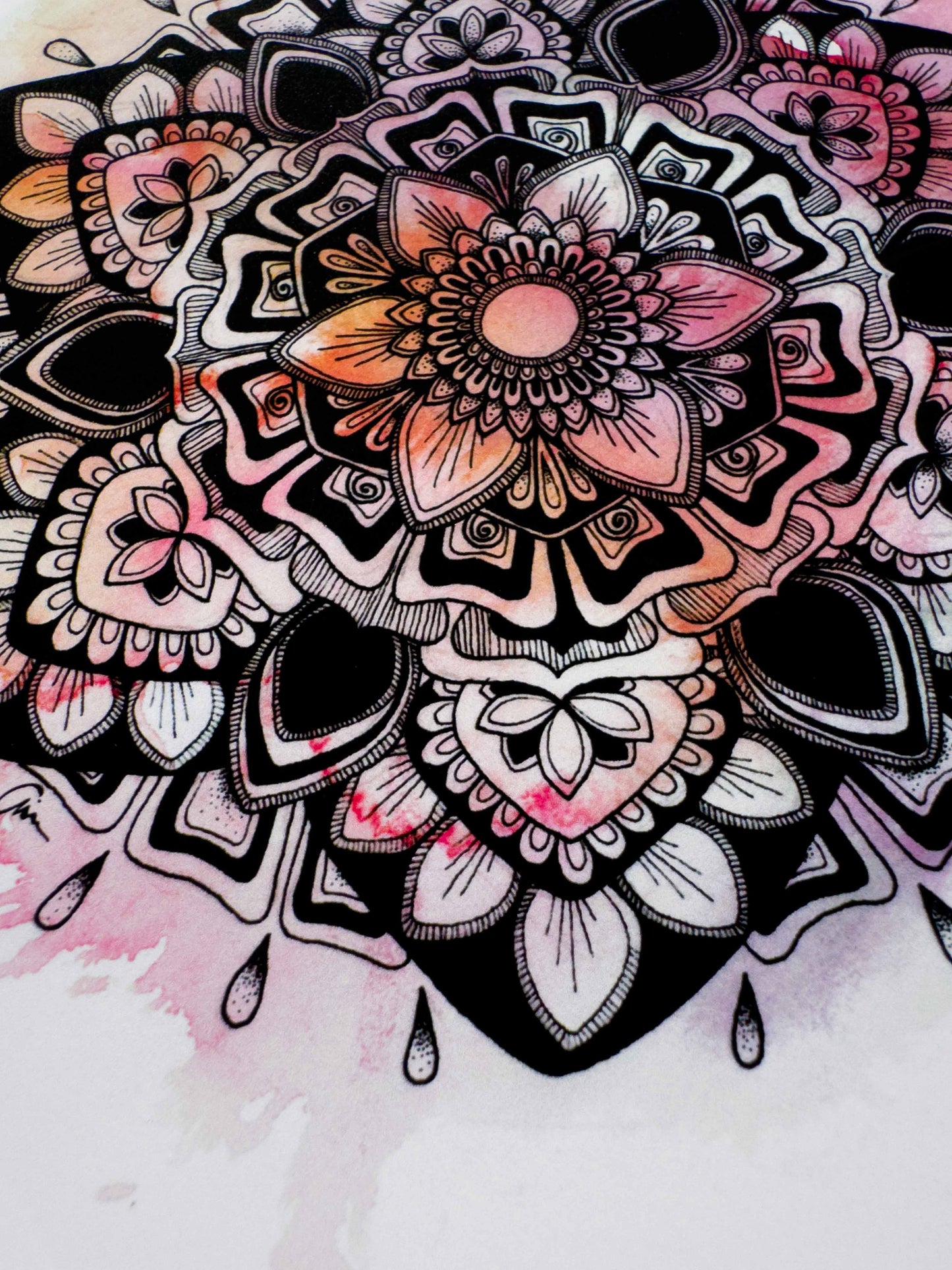 Pink Mandala Art Print – Ink Drawing with Watercolour Background