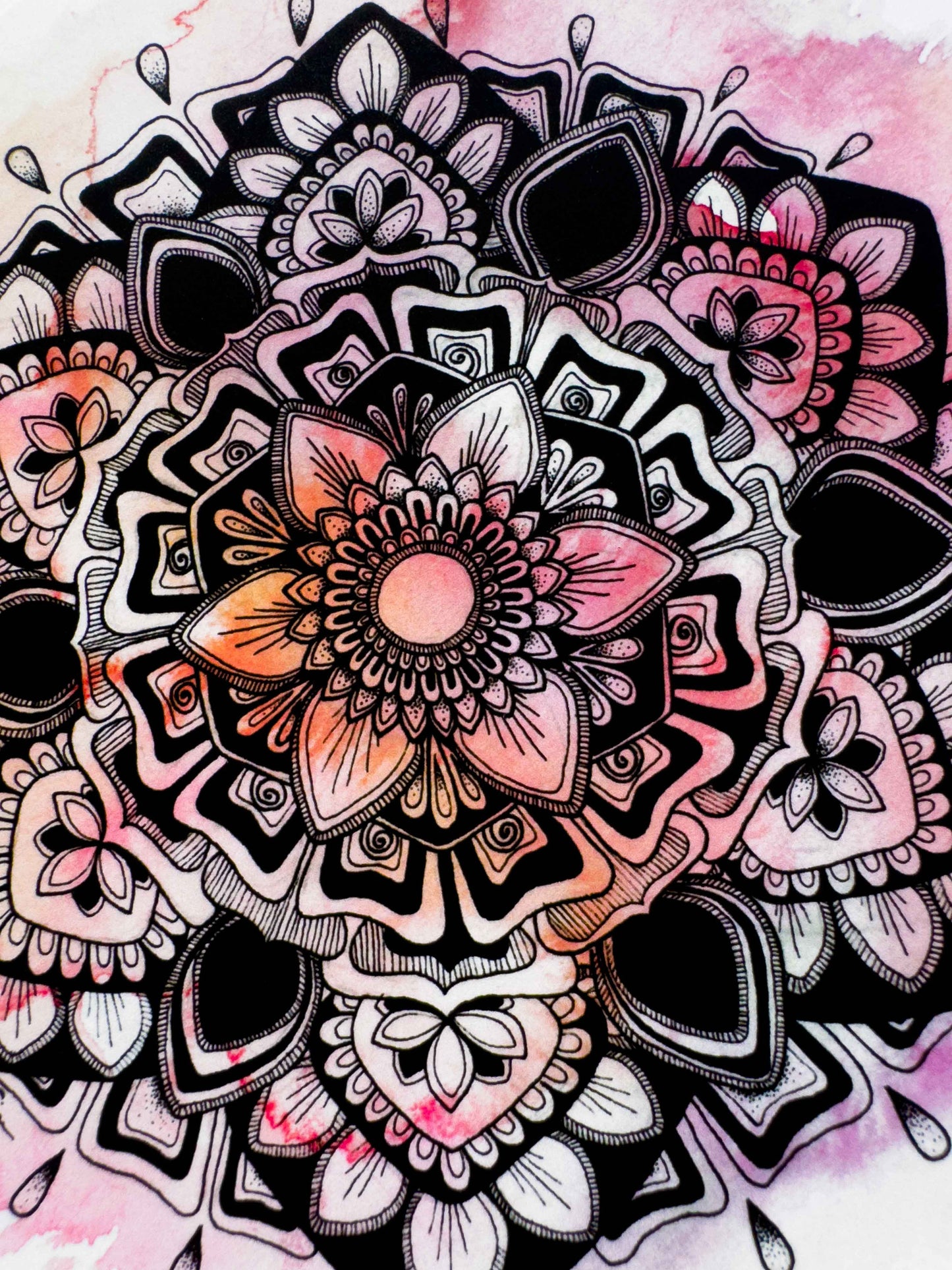 Pink Mandala Art Print – Ink Drawing with Watercolour Background
