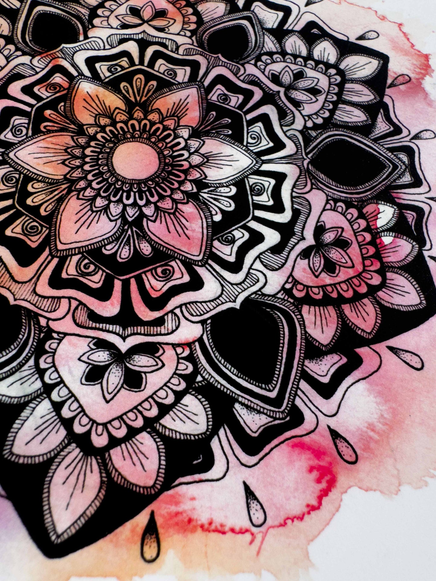 Pink Mandala Art Print – Ink Drawing with Watercolour Background