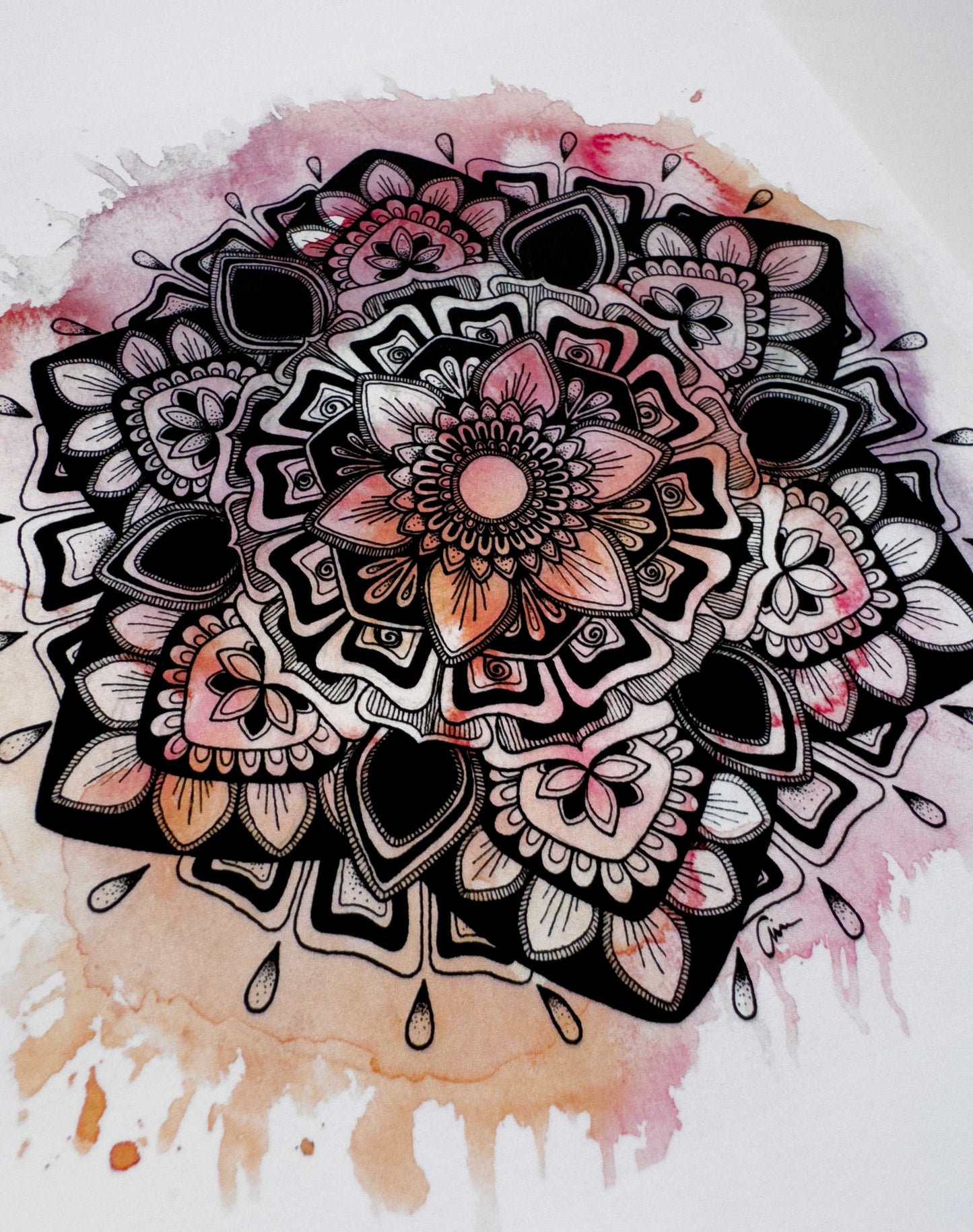 Pink Mandala Art Print – Ink Drawing with Watercolour Background
