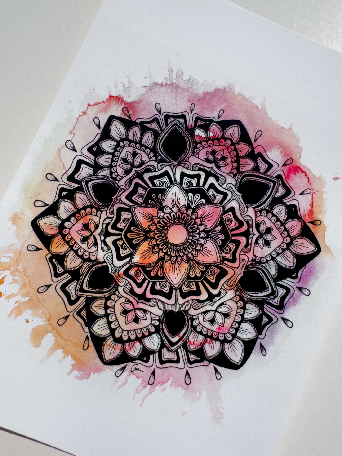 Pink Mandala Art Print – Ink Drawing with Watercolour Background