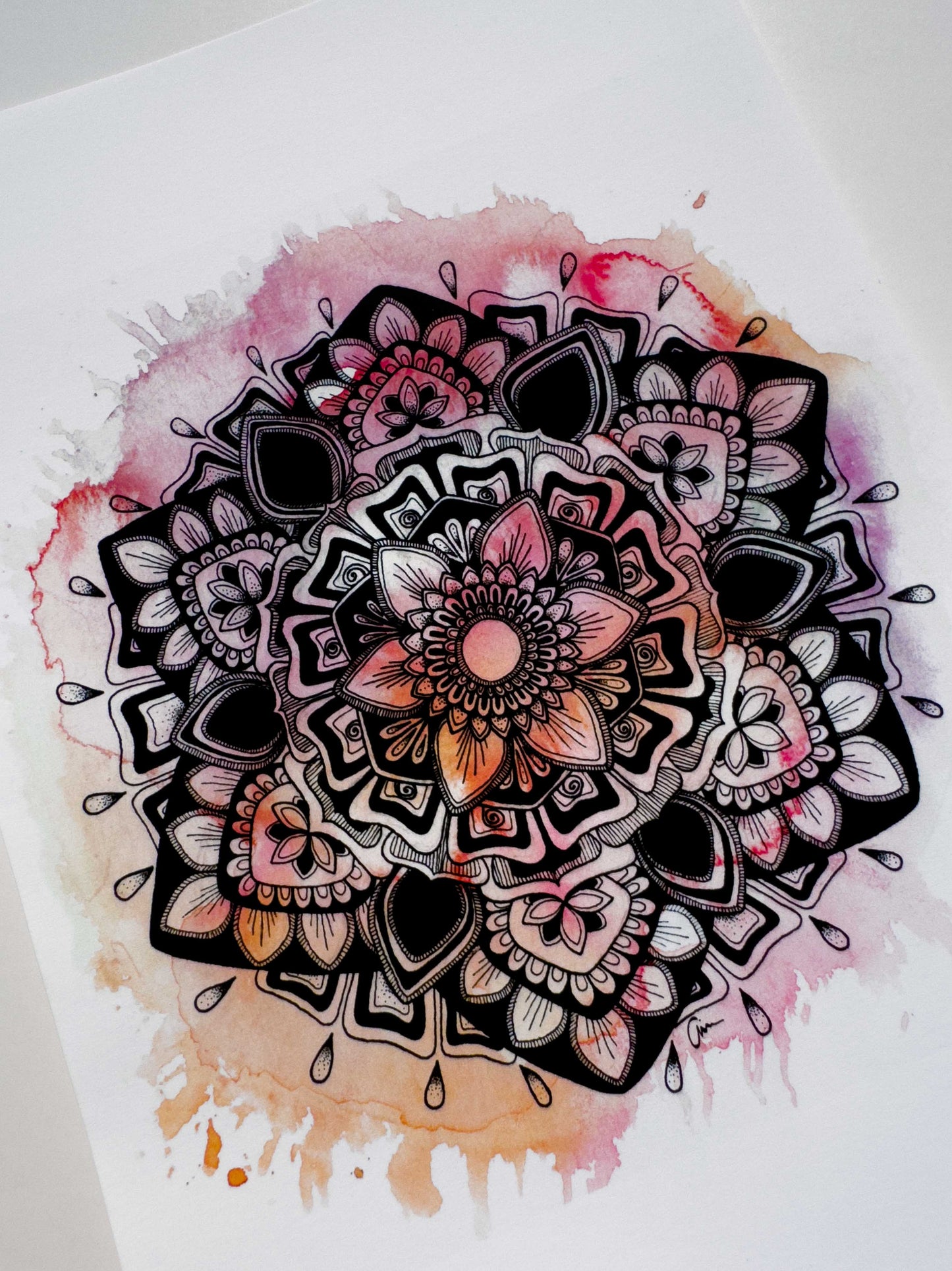 Pink Mandala Art Print – Ink Drawing with Watercolour Background