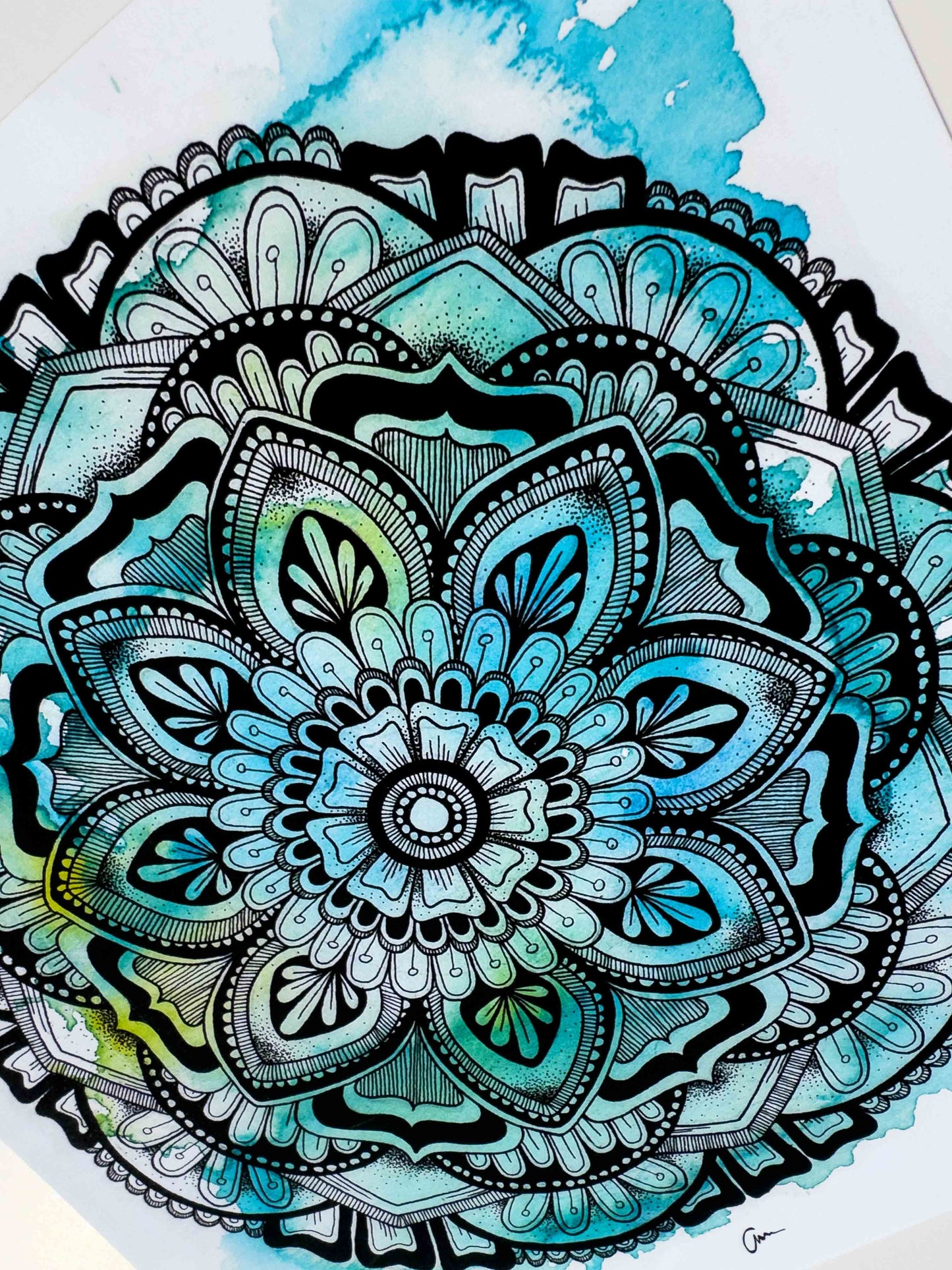Blue / Green Mandala Greeting Card – Winter Watercolour with Geometric Drawing