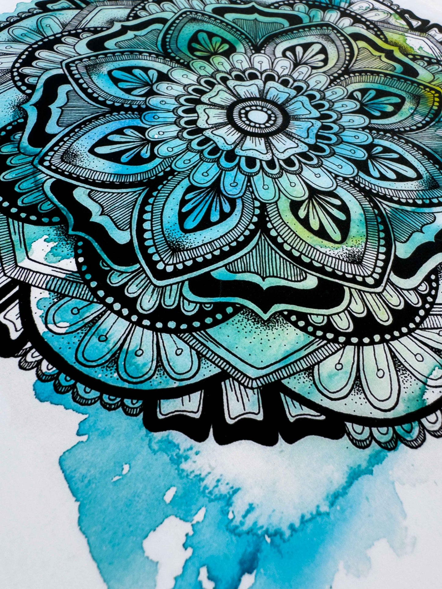 Blue / Green Mandala Greeting Card – Winter Watercolour with Geometric Drawing