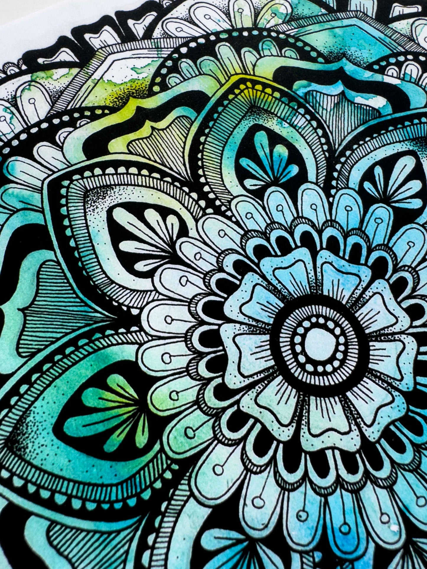 Blue / Green Mandala Greeting Card – Winter Watercolour with Geometric Drawing