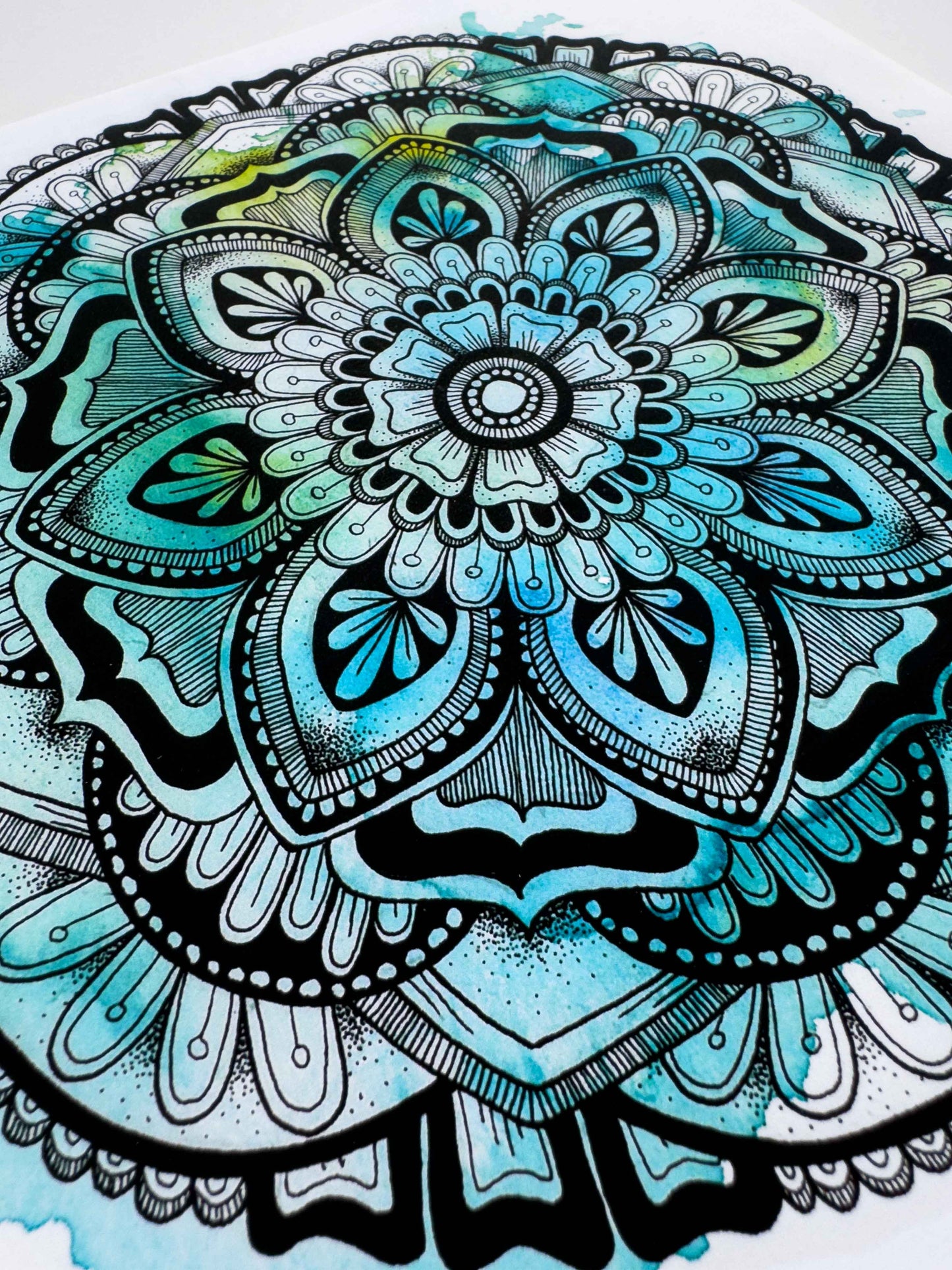 Blue / Green Mandala Greeting Card – Winter Watercolour with Geometric Drawing