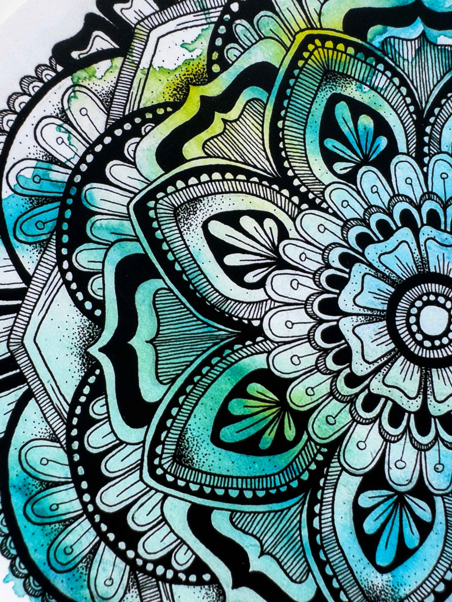 Blue / Green Mandala Greeting Card – Winter Watercolour with Geometric Drawing