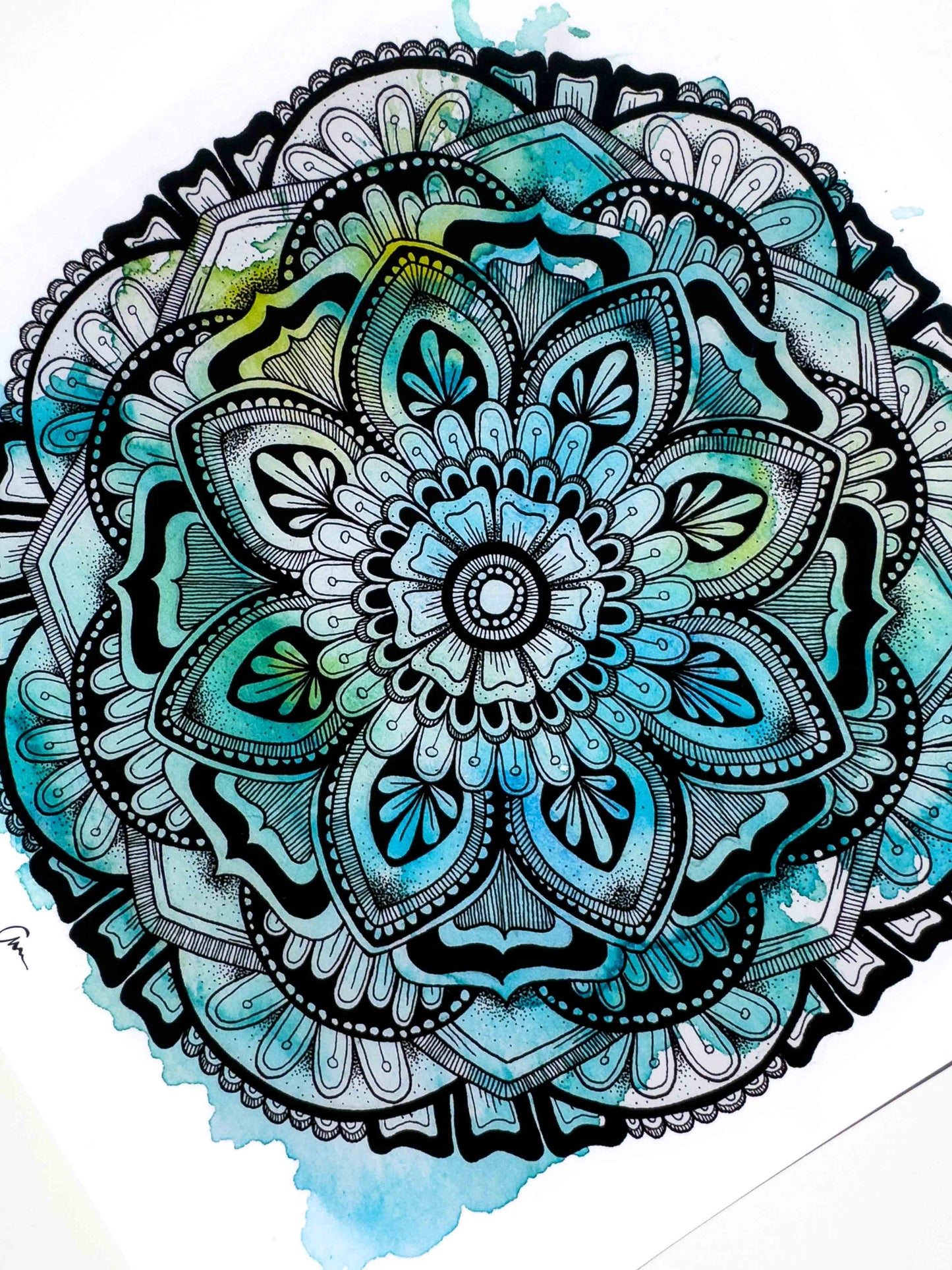 Blue / Green Mandala Greeting Card – Winter Watercolour with Geometric Drawing