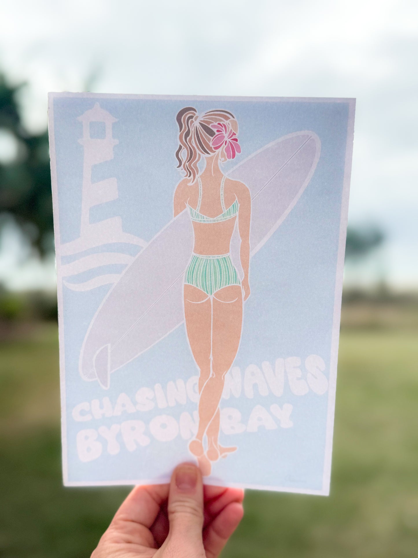Chasing Waves Byron Bay – Hand-Drawn Art Illustration Print