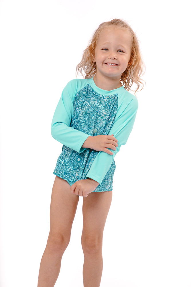 Kids Rash Vest / Sun Shirt- Mandala Watercolour Turquoise