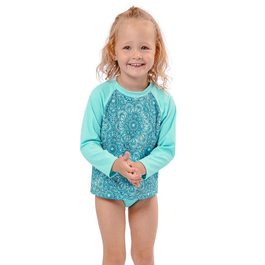 Kids Rash Vest / Sun Shirt- Mandala Watercolour Turquoise