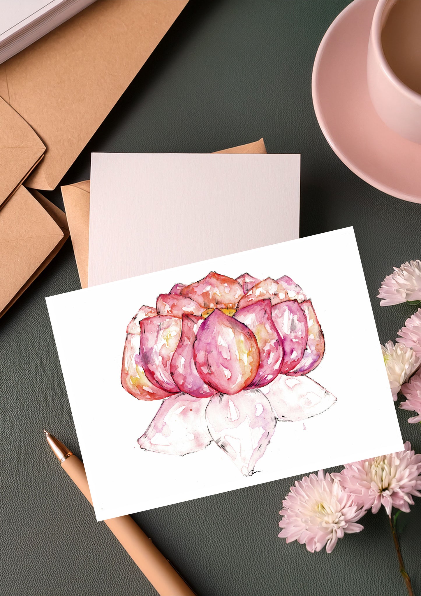 Lotus Flower Greeting Card – Watercolour & Ink Illustration