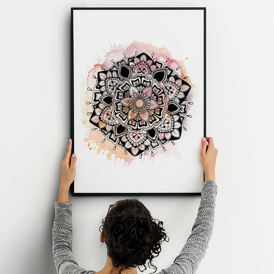 Pink Mandala Art Print – Ink Drawing with Watercolour Background