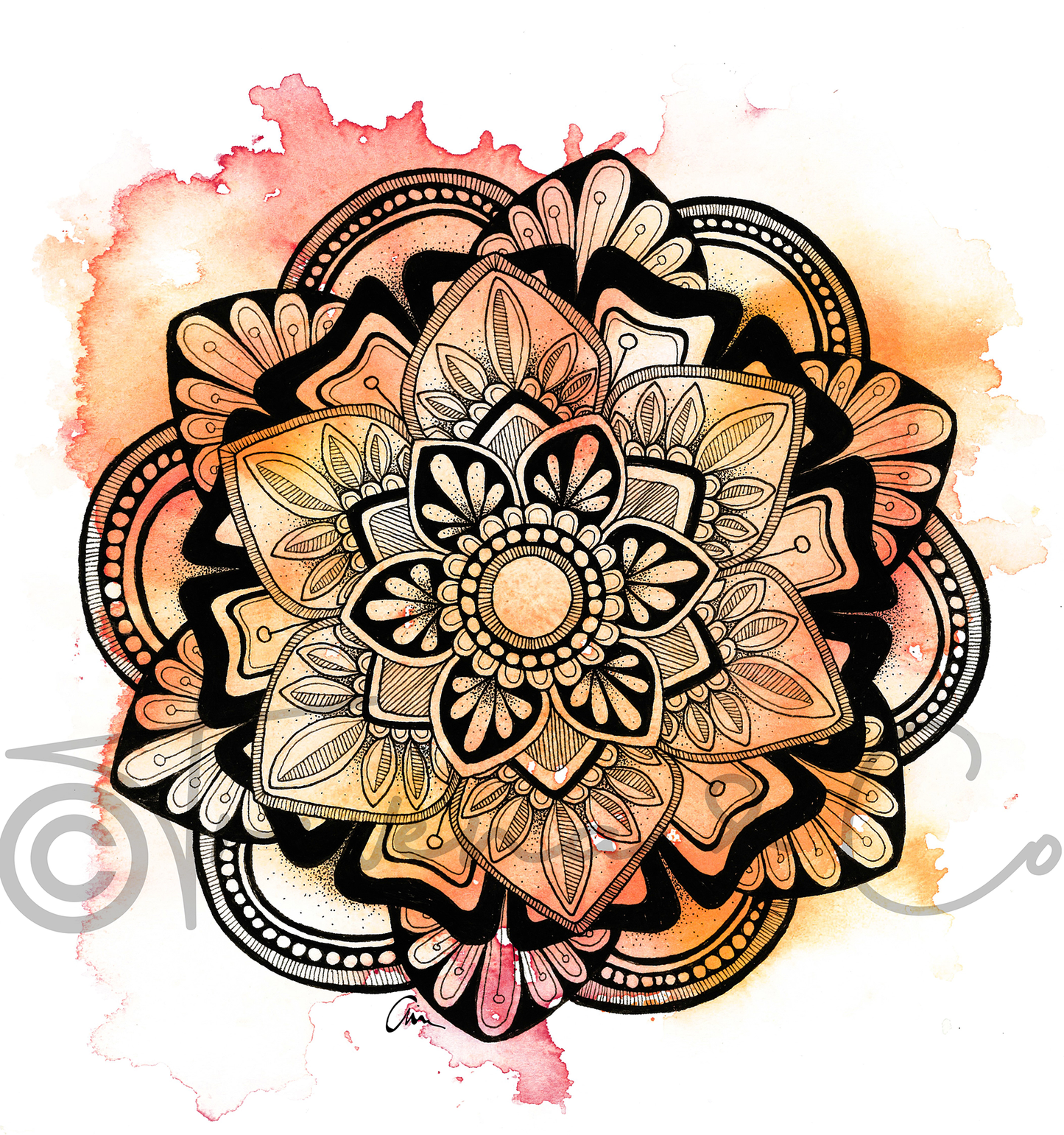 Summer Mandala Wall Art – Pink and Orange Watercolour Print with Geometric Ink Drawing