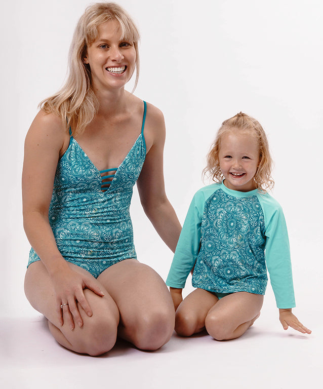Kids Rash Vest / Sun Shirt- Mandala Watercolour Turquoise