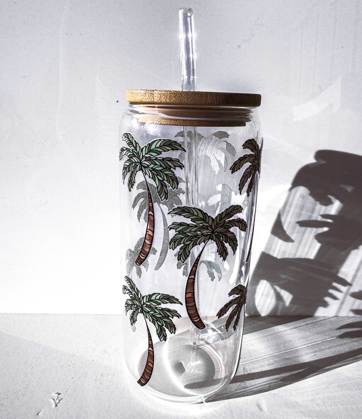 Palm Tree Glass Tumblers Drinking Cup with Lid - Hand Drawn Illustraion UV DTF Stickers – framed