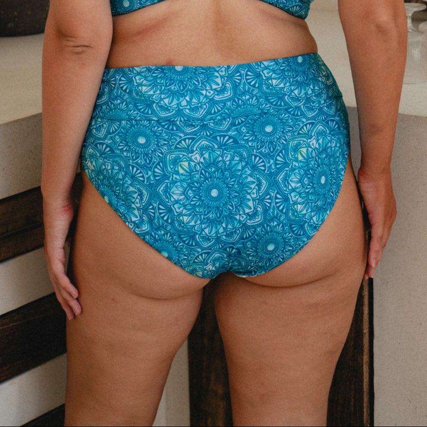 High Rise Bikini Bottom - Mandala Turquoise Blue Pattern
