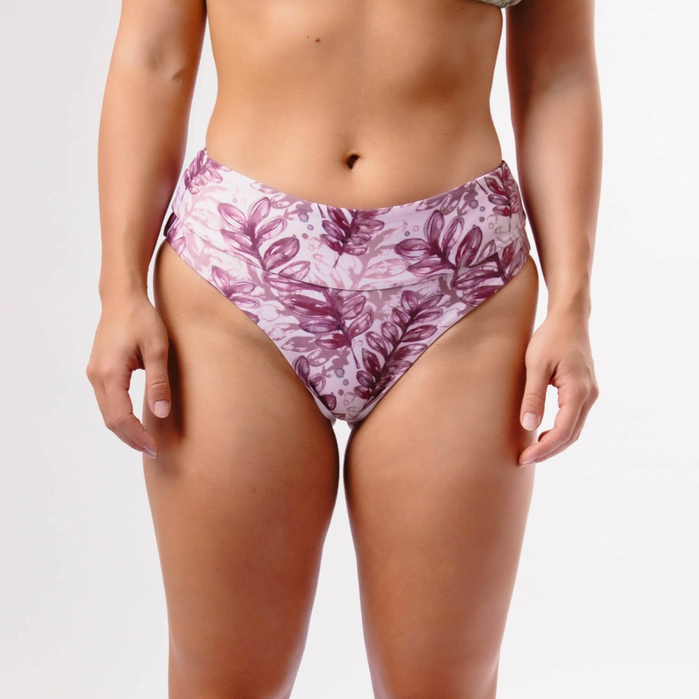 Mid-Waist Bikini - Pink Leaf