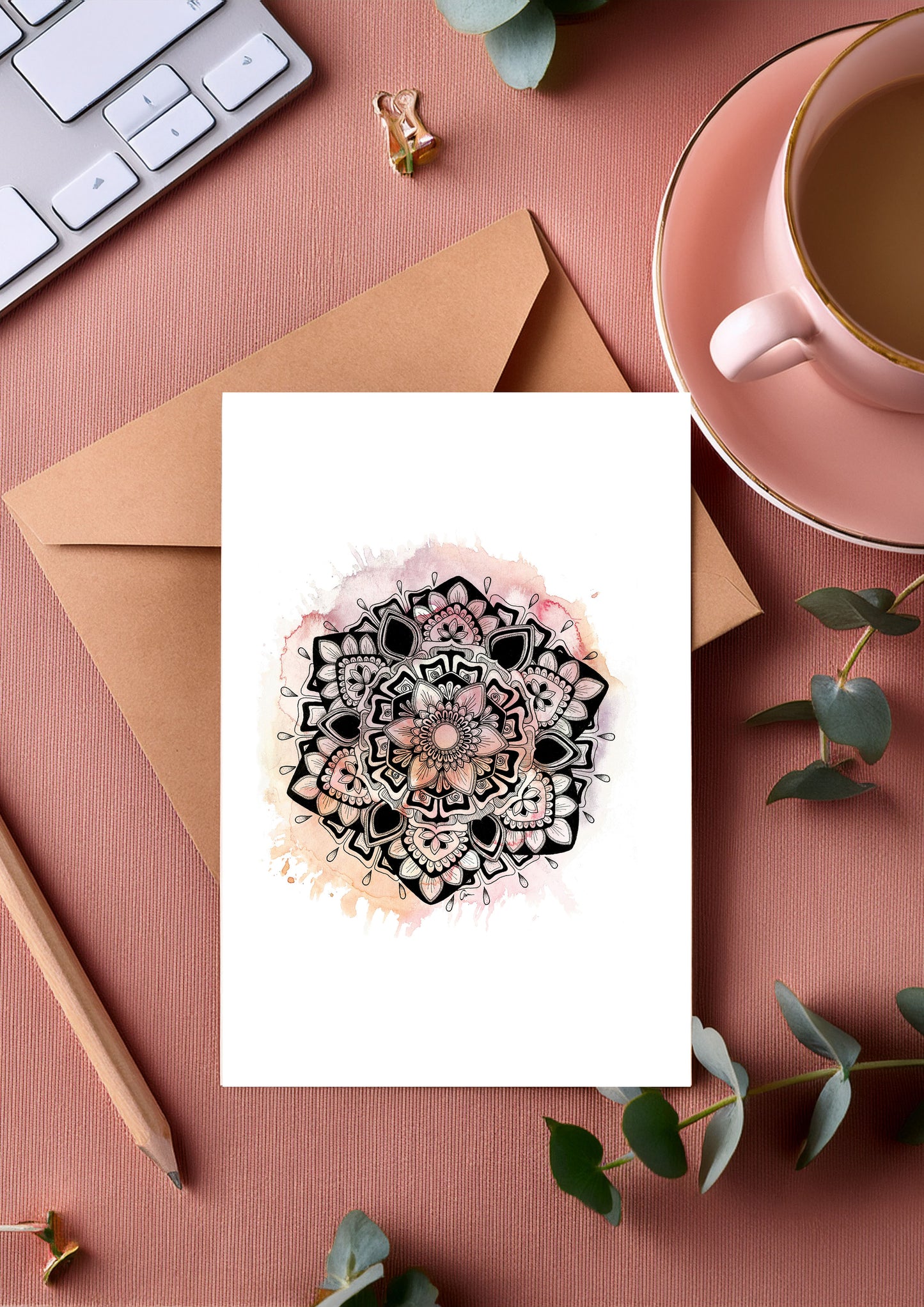 Pink Mandala Greeting Card – Pastel Watercolour with Geometric Drawing