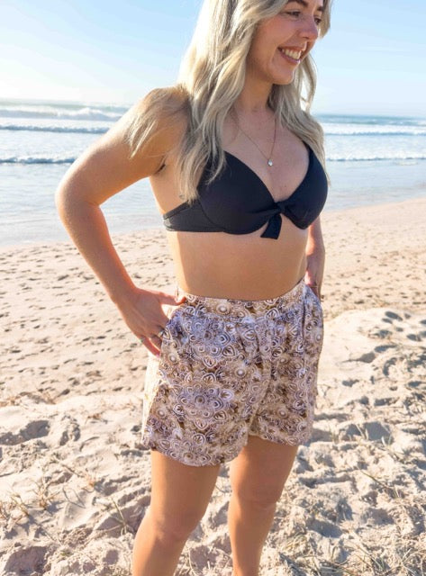 Linen Shorts - High Waisted Relaxed Pocket Shorts - Brown Watercolour Patterned Mandala Print